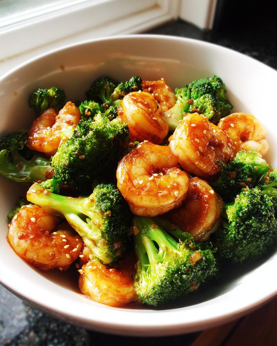 Close-up of shrimp broccoli stir fry with glazed shrimp and green broccoli in a white bowl
