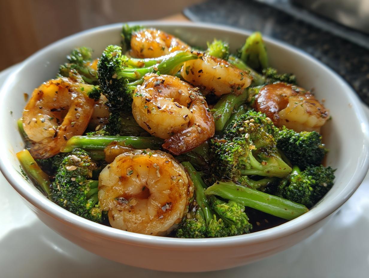 A bowl of shrimp broccoli stir fry with seasoned shrimp and vibrant green broccoli