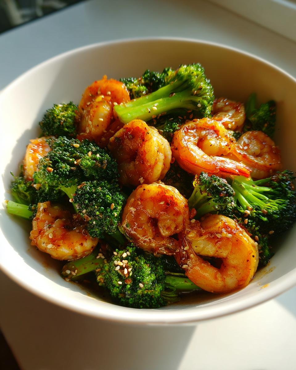 Close-up of shrimp broccoli stir fry with sesame seeds in a white bowl