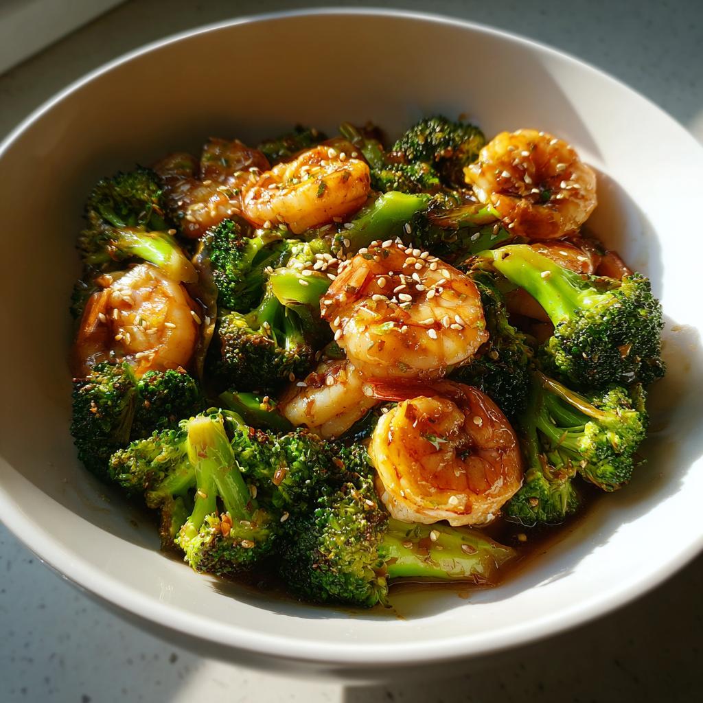 Bowl of shrimp broccoli stir fry garnished with sesame seeds in a light sauce