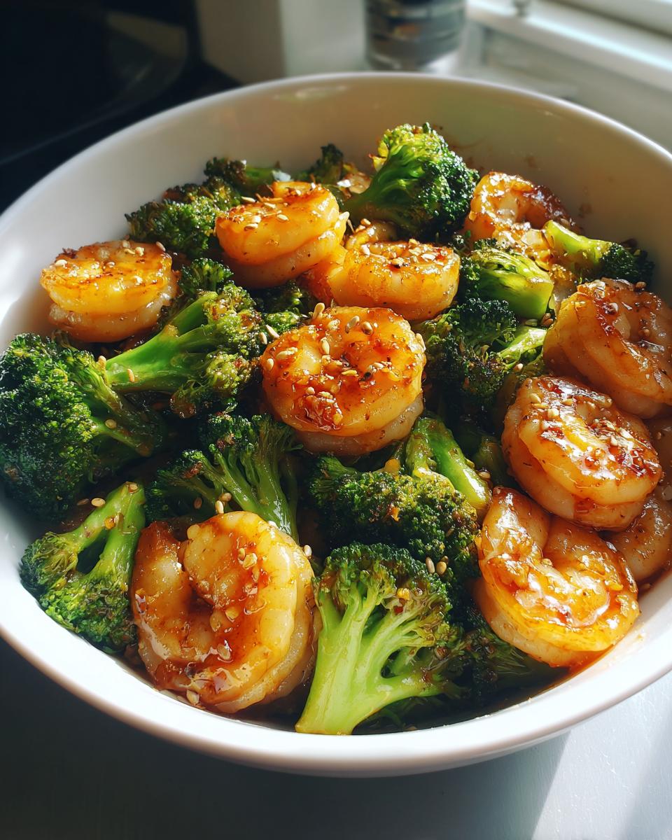 Shrimp broccoli stir fry with cooked shrimp and broccoli florets in a white bowl topped with sesame seeds