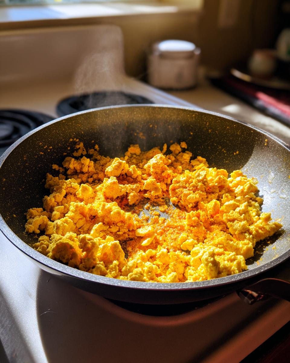 Steaming simple tofu scramble vegan breakfast cooking in a non-stick skillet on the stove.