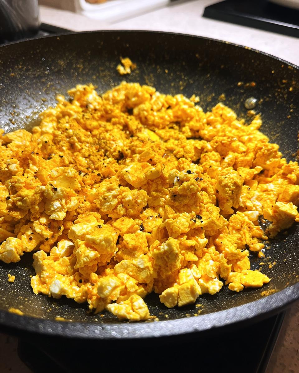 Close-up of simple tofu scramble vegan breakfast cooking in a black pan seasoned with spices.
