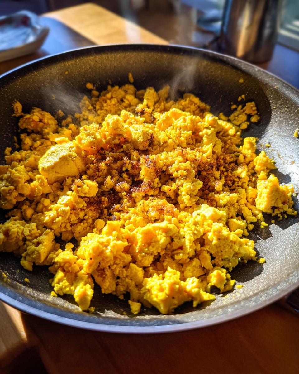 Close-up of steaming simple tofu scramble vegan breakfast cooked in a black pan.