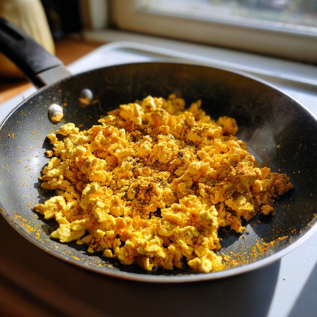 Close-up of simple tofu scramble vegan breakfast cooking in a black skillet