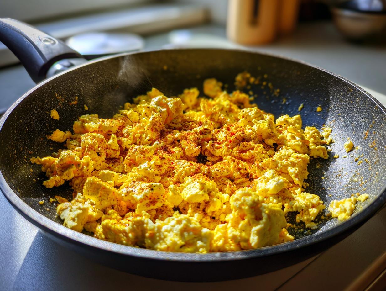 Close-up of a simple tofu scramble vegan breakfast cooking in a black skillet with spices