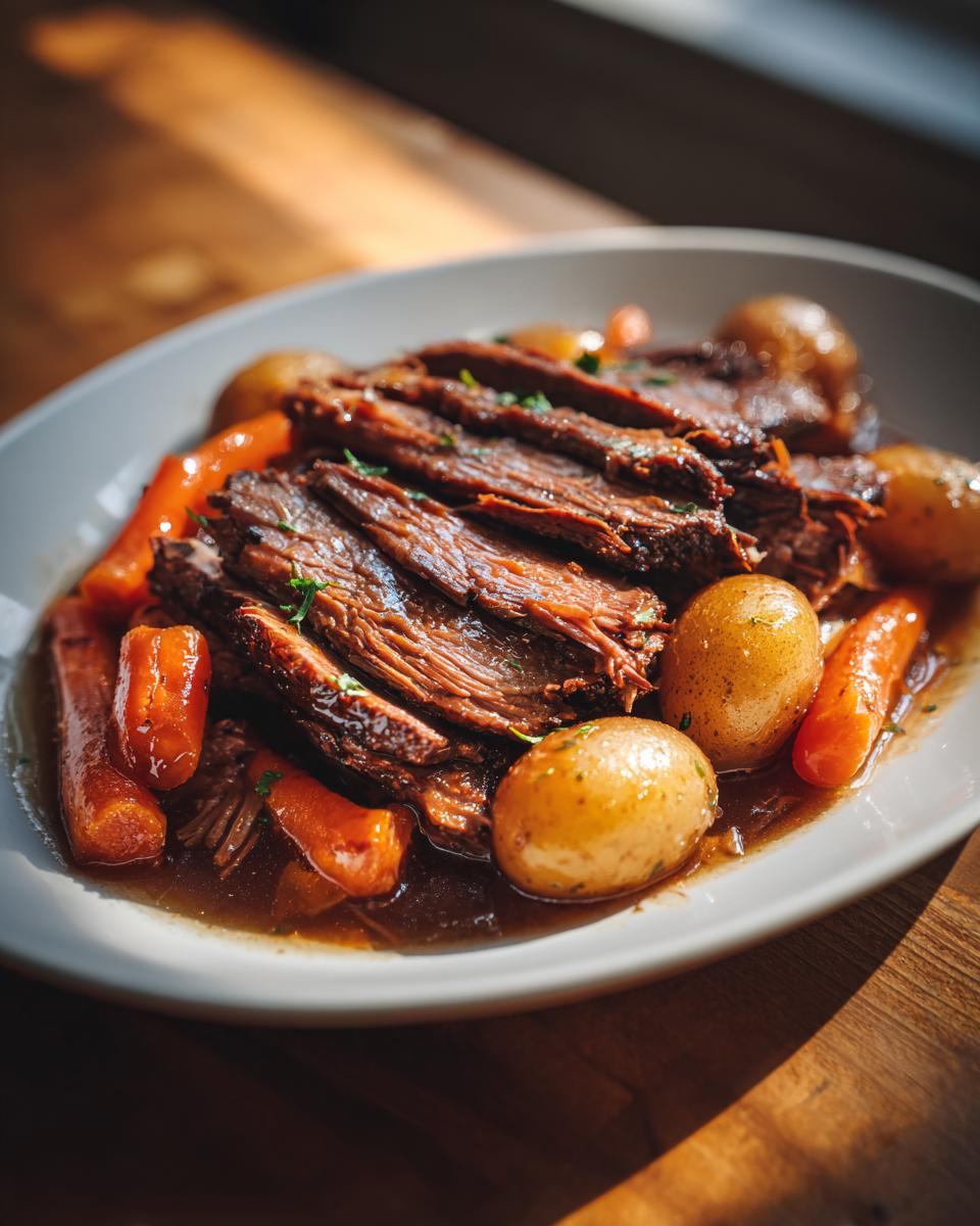 Sliced beef pot roast served with baby potatoes and carrots in gravy on white plate