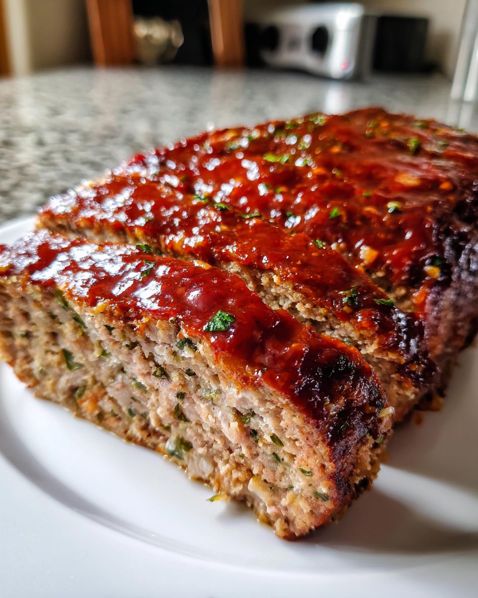 Close-up of sliced garlic herb meatloaf with a glazed top on a white plate.