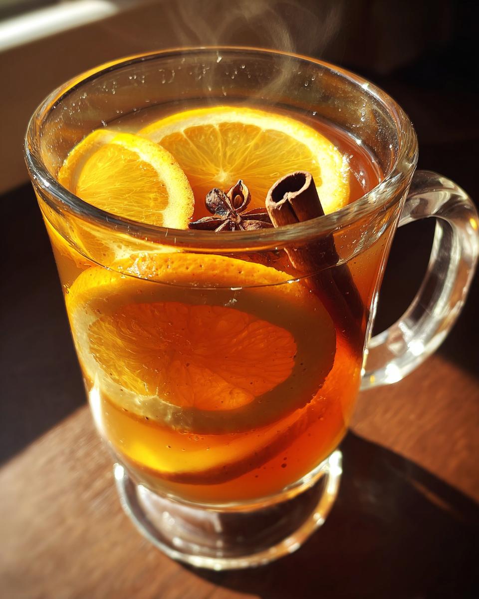 Glass mug of slow cooker mulled apple cider drink with orange slices, cinnamon stick, and star anise.