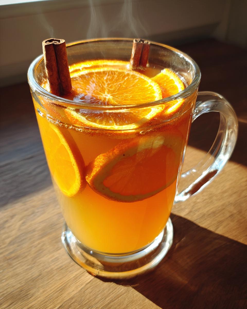 Glass mug of slow cooker mulled apple cider drink with orange slices and cinnamon sticks steaming