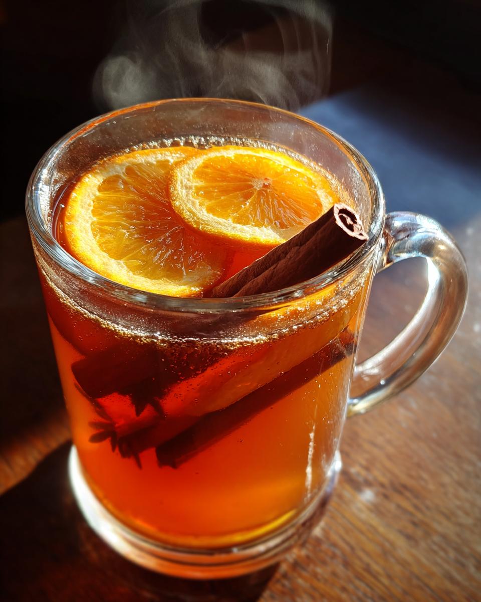 Glass mug of slow cooker mulled apple cider drink with orange slices and cinnamon stick