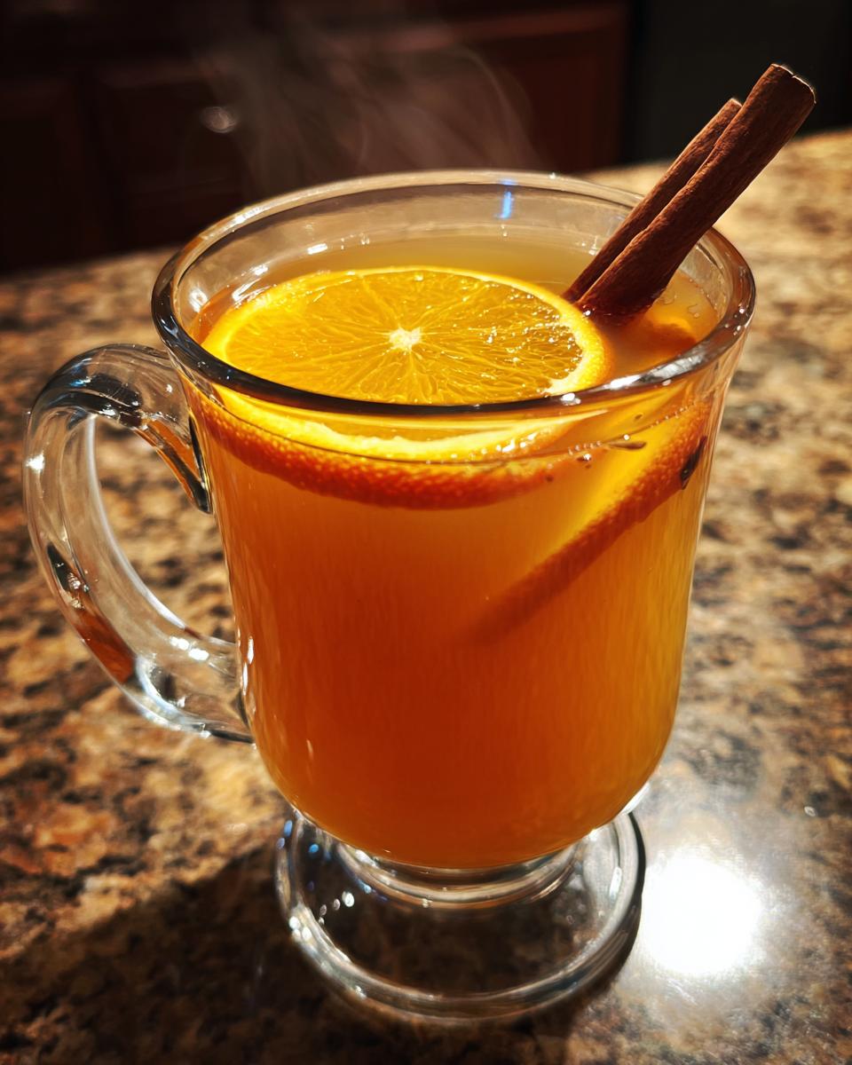 Steaming glass of slow cooker mulled apple cider drink garnished with orange slice and cinnamon sticks.
