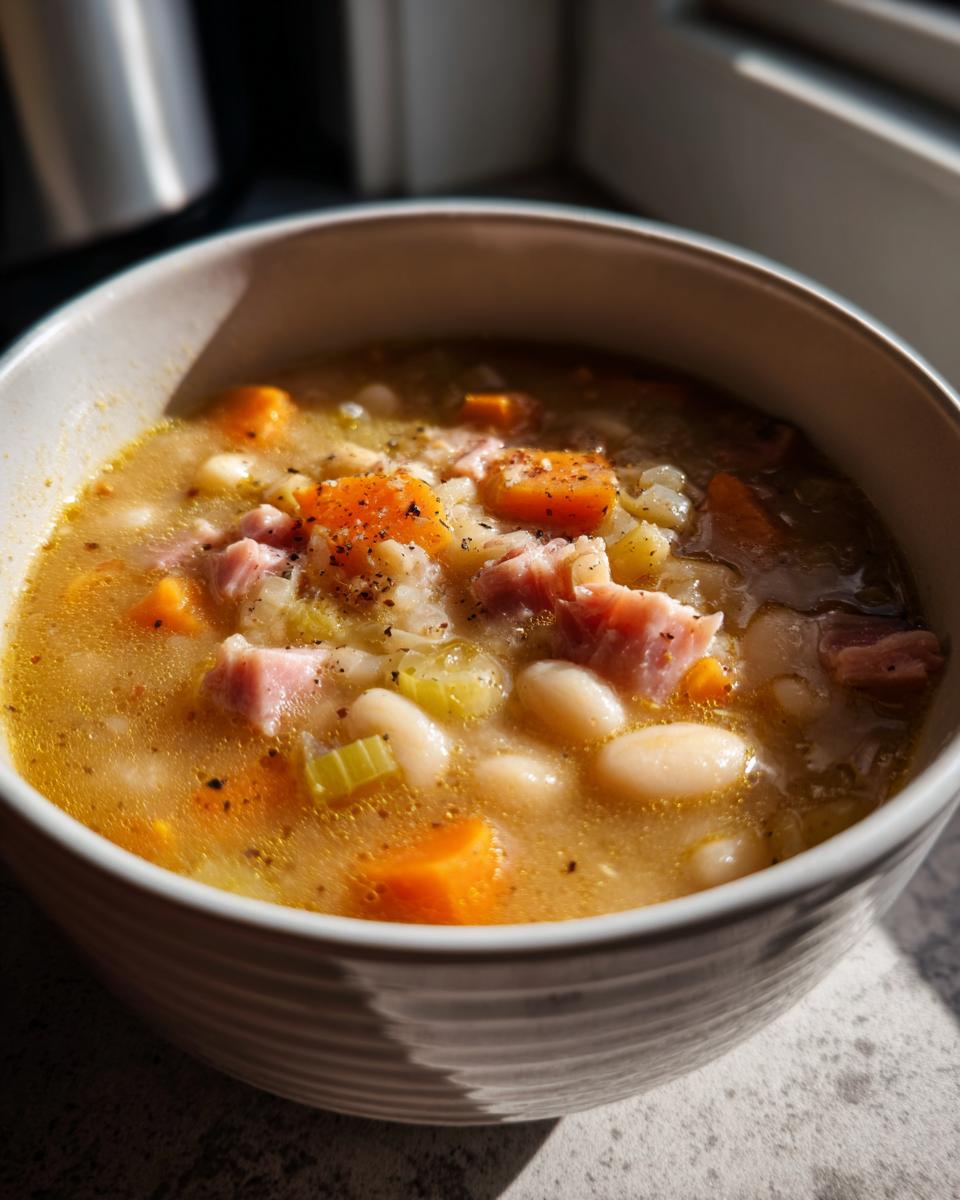 Bowl of slow cooker white bean and ham soup with chunks of ham, white beans, carrots, and celery.
