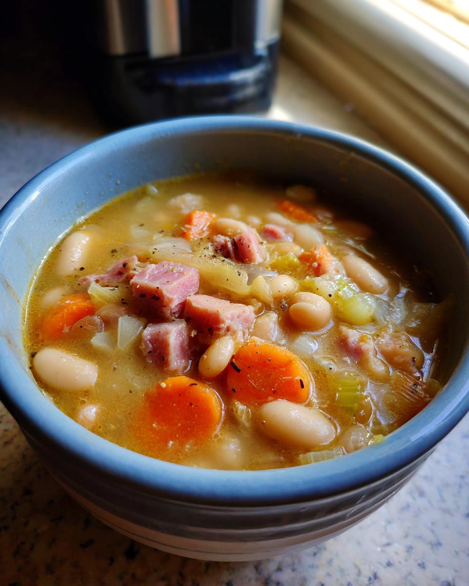 Bowl of slow cooker white bean and ham soup with carrots, celery, and ham chunks.