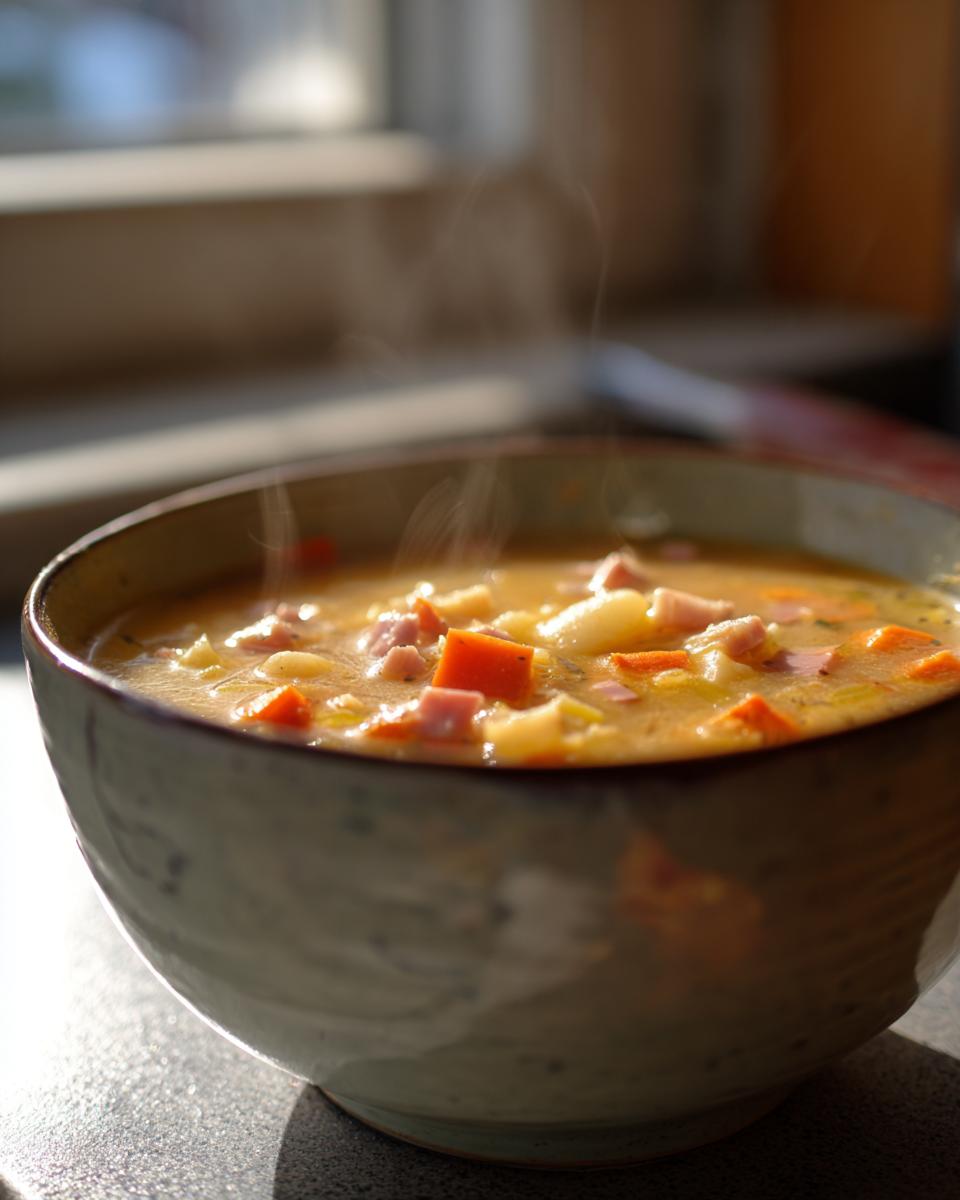 Close-up of steaming slow cooker white bean and ham soup with chunks of ham and vegetables