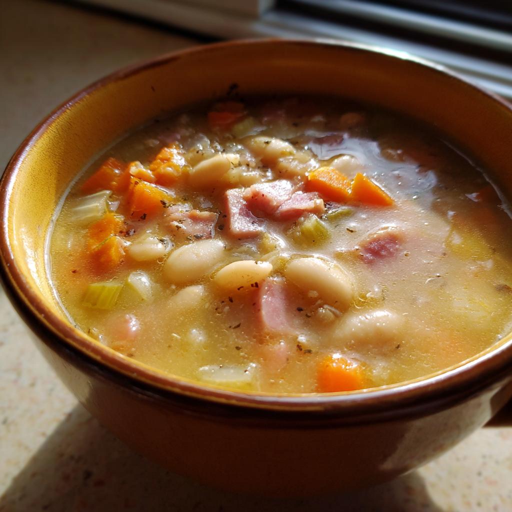 Close-up of a bowl filled with slow cooker white bean and ham soup with carrots and celery.