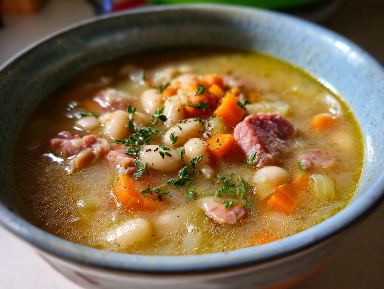 Bowl of slow cooker white bean and ham soup with carrots, herbs, and chunks of ham.