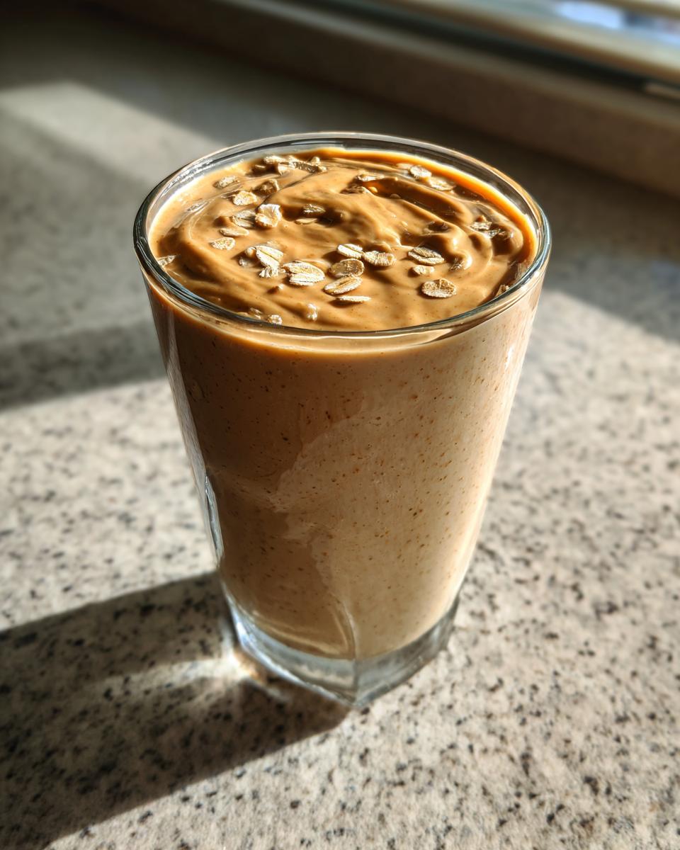 Glass filled with creamy smoothie with oats and peanut butter topped with oat flakes.