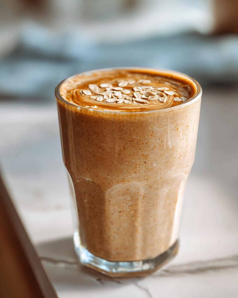 Glass filled with a creamy smoothie with oats and peanut butter topped with oats.