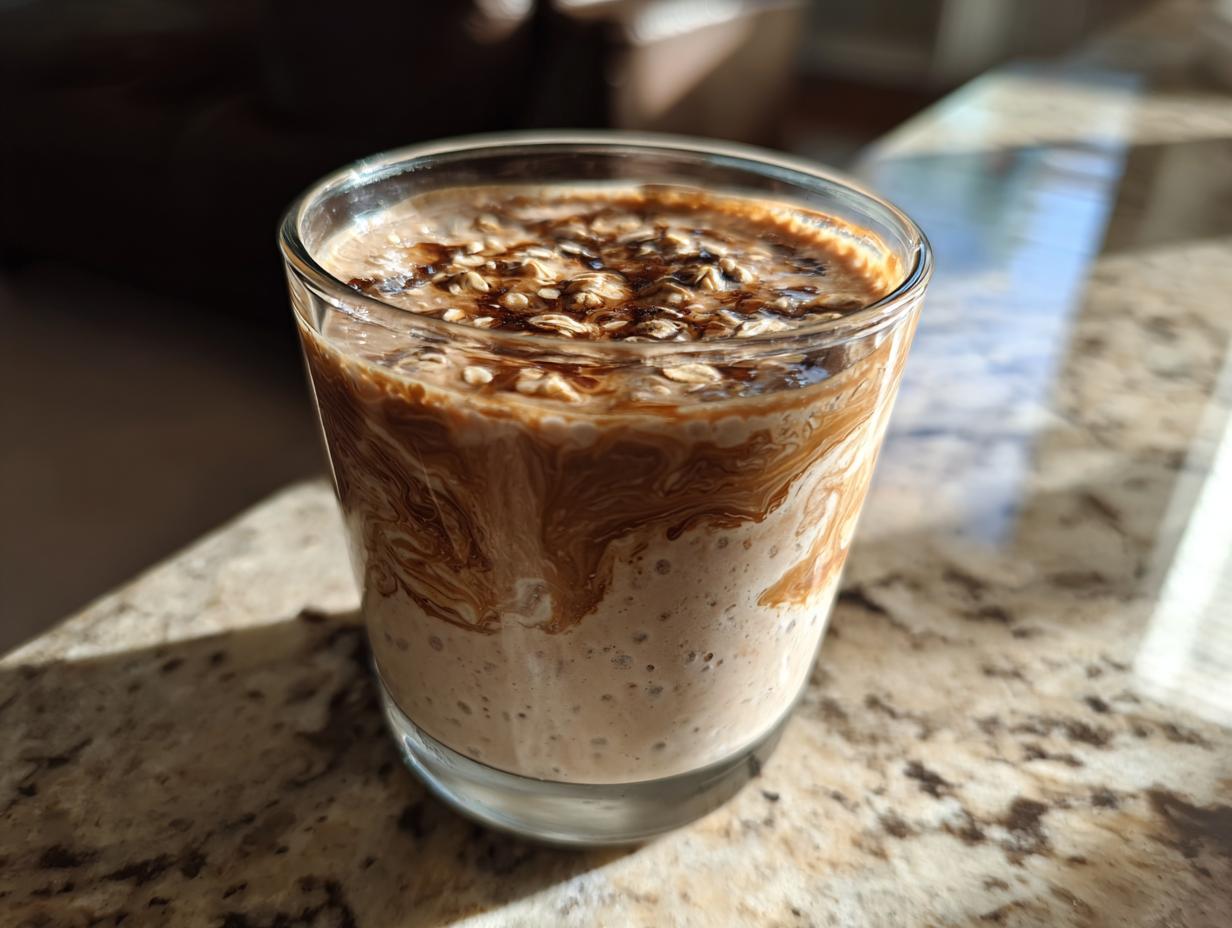 Close-up of smoothie with oats and peanut butter swirled in a clear glass on a marble countertop