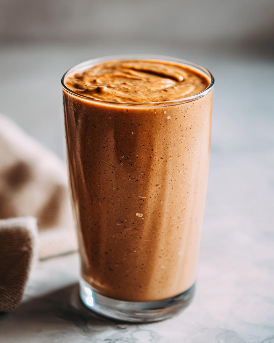 Close-up of a thick smoothie with oats and peanut butter served in a clear glass