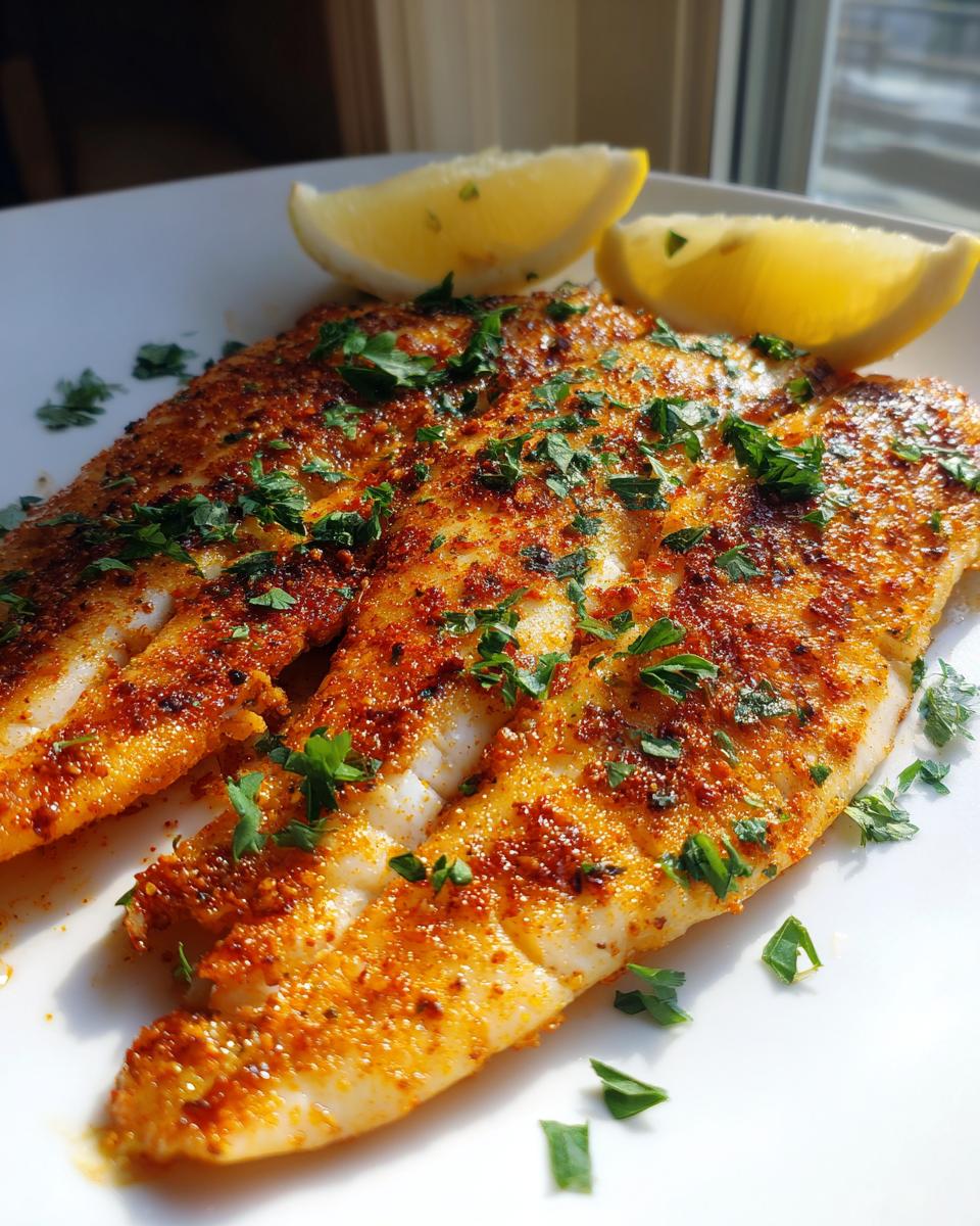 Two fillets of baked tilapia seasoned with spices and garnished with parsley and lemon wedges