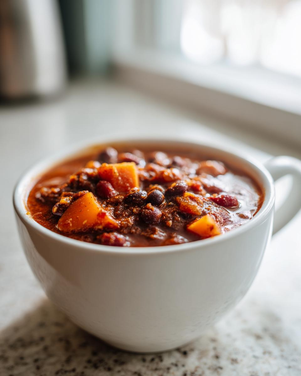 A white bowl filled with spicy black bean and sweet potato chili on a kitchen counter.