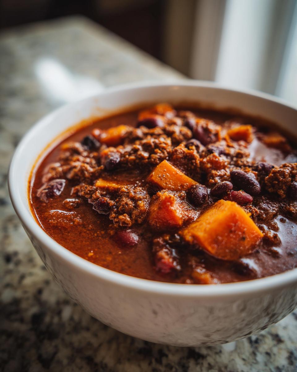Bowl filled with spicy black bean and sweet potato chili showing chunks of sweet potato and beans