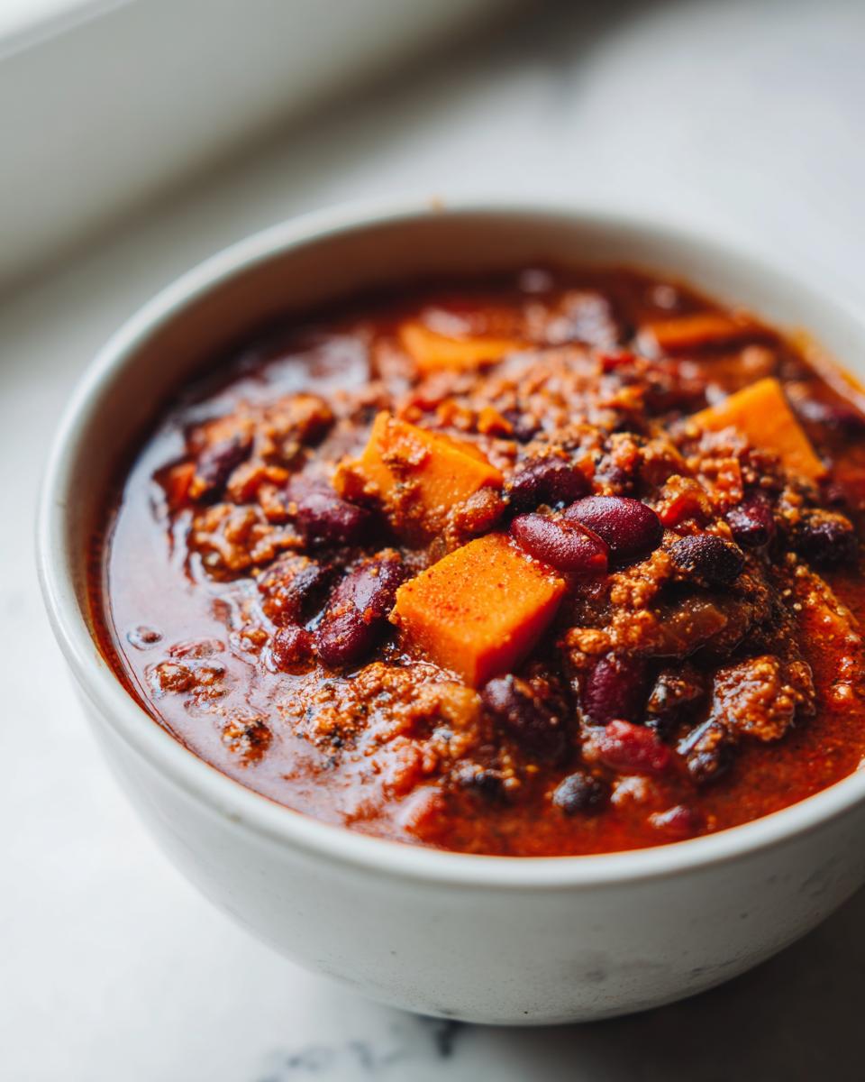 Close-up of a bowl filled with spicy black bean and sweet potato chili with chunks of sweet potato and beans