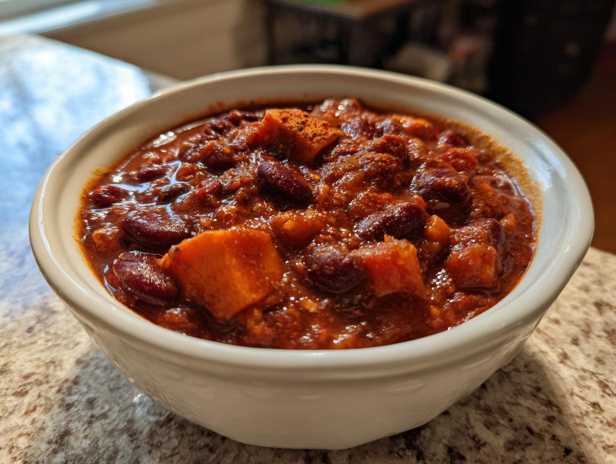Close-up of a bowl filled with spicy black bean and sweet potato chili, showing chunks of sweet potato and beans in a thick sauce.