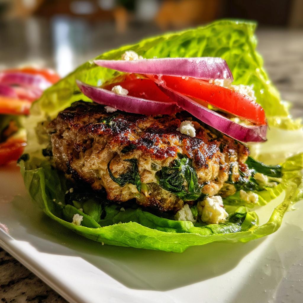 Grilled spinach feta turkey burger in a lettuce wrap with tomato and red onion slices