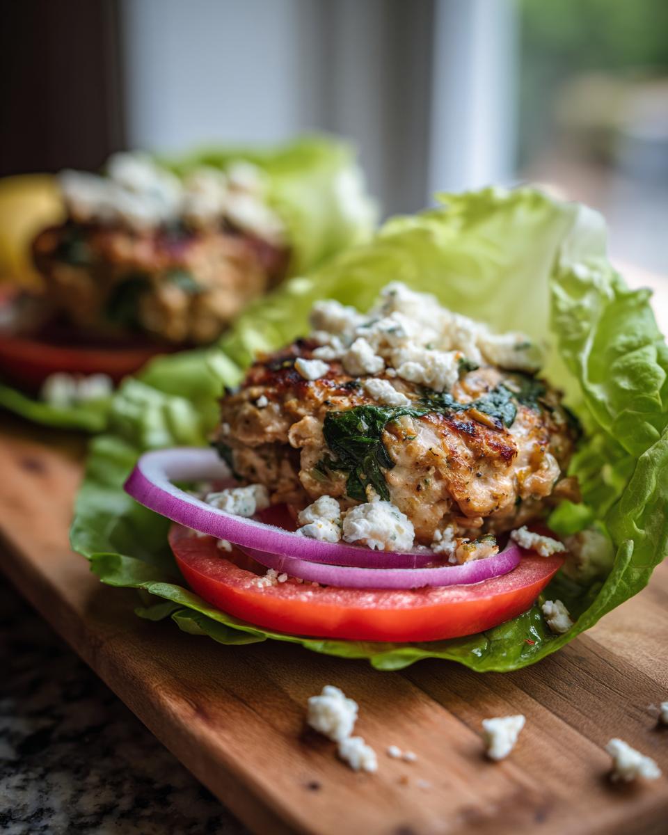 Close-up of a spinach feta turkey burger lettuce wrap with tomato and red onion