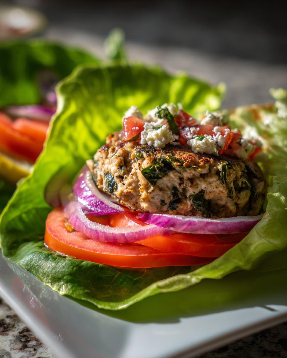 Close-up of spinach feta turkey burger lettuce wrap with tomato and red onion slices