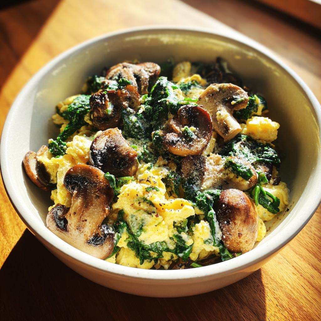 Bowl of spinach mushroom breakfast scramble with eggs, sautéed mushrooms, and spinach