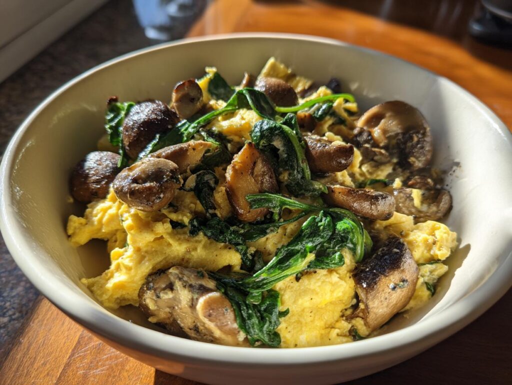 Close-up of spinach mushroom breakfast scramble with scrambled eggs, mushrooms, and spinach in a bowl.