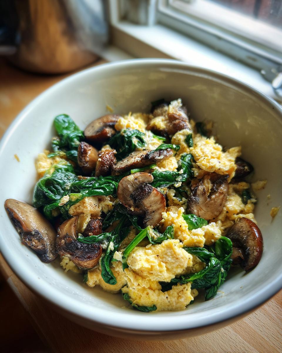 Scrambled eggs cooked with spinach and mushrooms in a white bowl near a window.