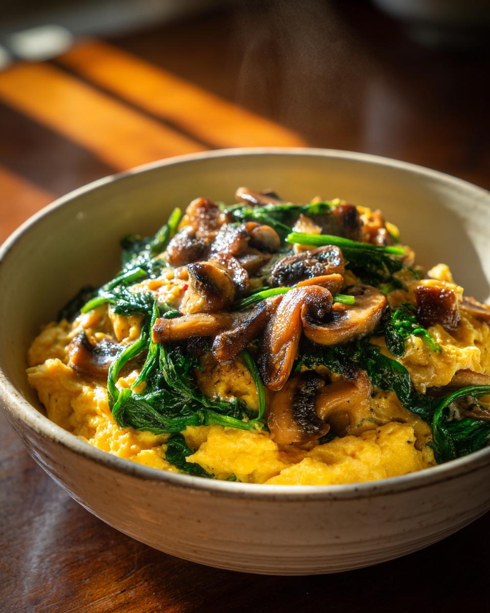 Bowl of spinach mushroom breakfast scramble with cooked eggs, spinach, and mushrooms.