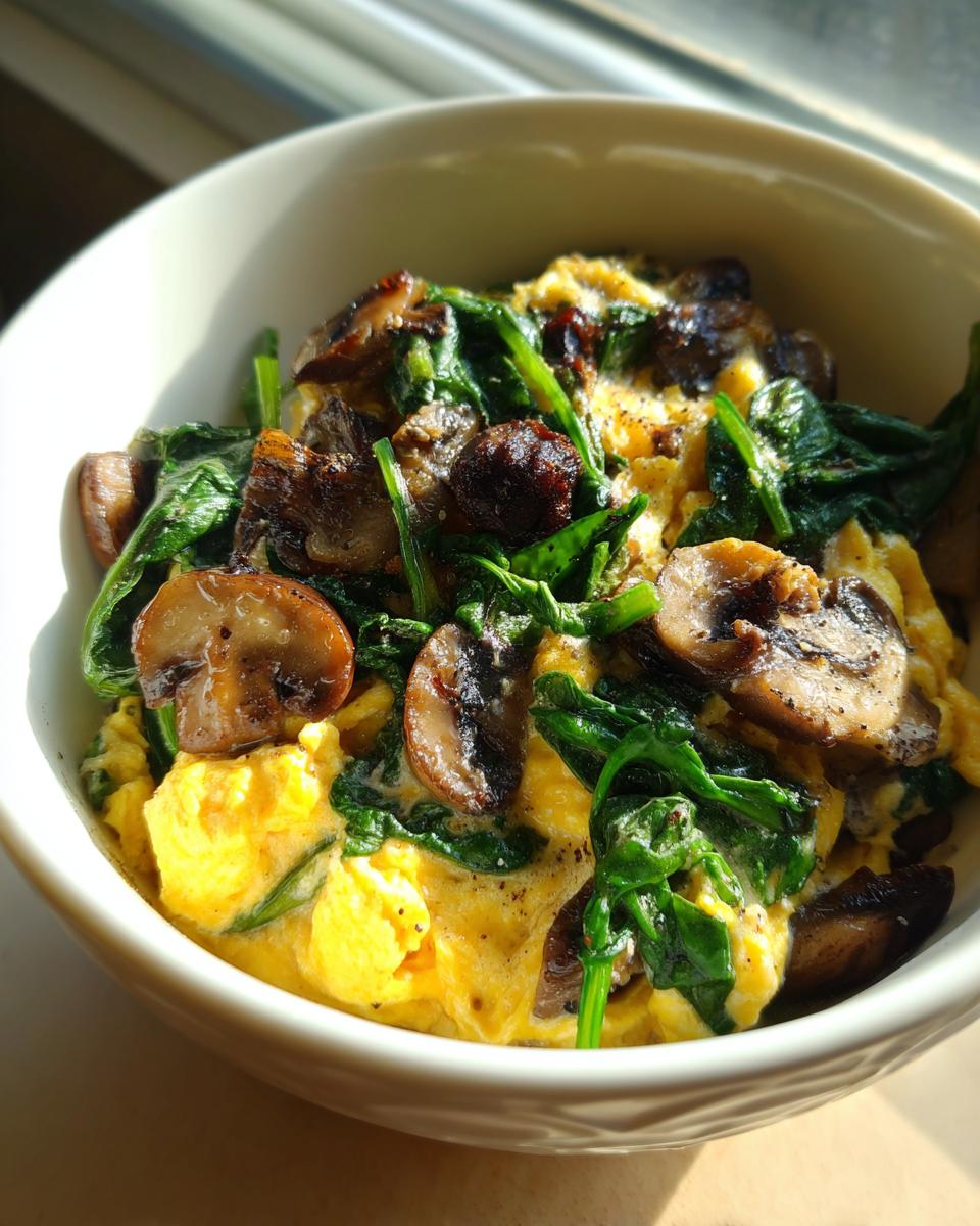 Close-up of spinach mushroom breakfast scramble with eggs, sautéed mushrooms, and fresh spinach in bowl