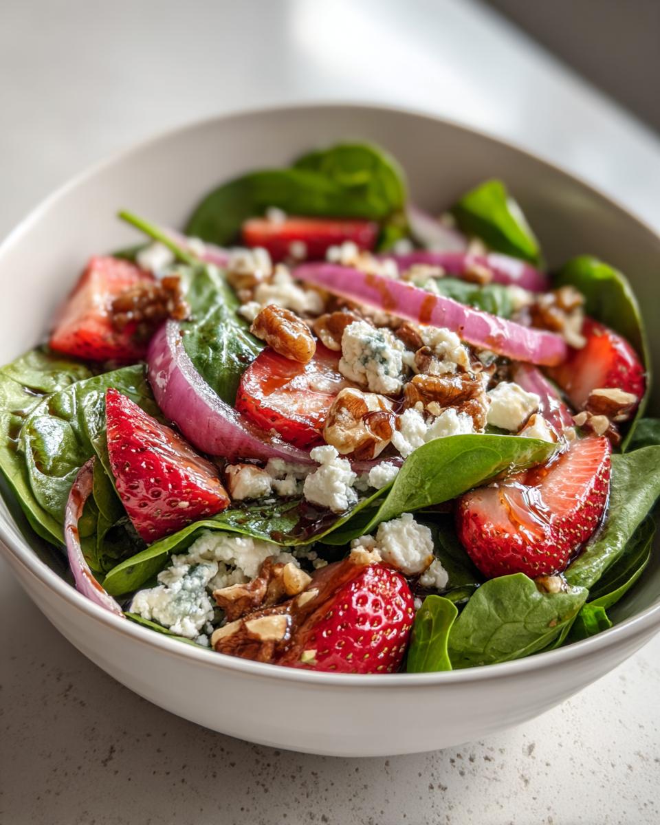 Bowl of spinach strawberry salad with red onion, walnuts, and crumbled cheese.