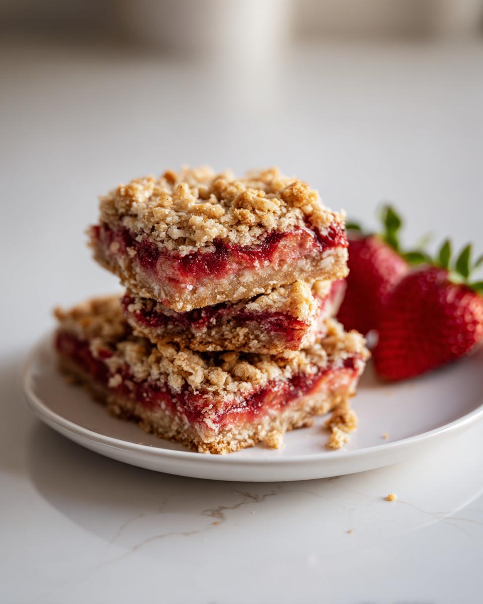 Three stacked strawberry oat crumble bars dessert with fresh strawberries on a white plate