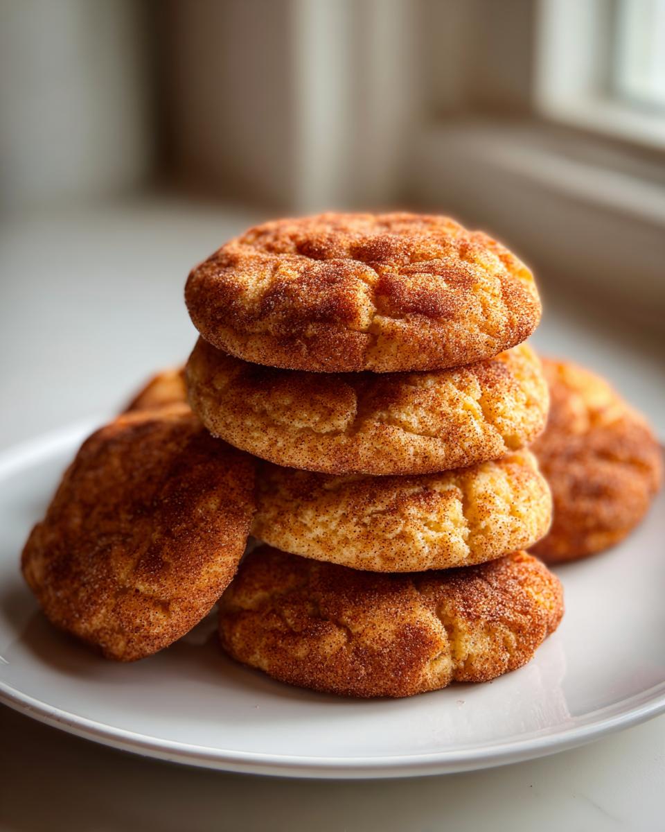 Close-up of stacked classic cinnamon sugar snickerdoodle cookies on a white plate