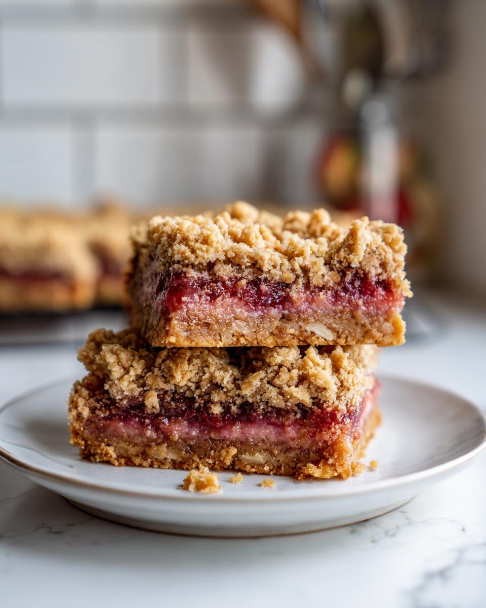 Two stacked strawberry oat crumble bars dessert with crumbly topping on a white plate