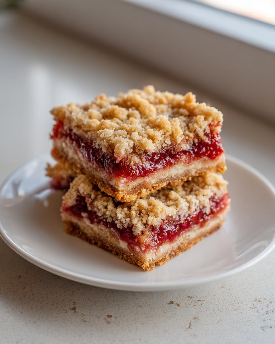 Two stacked strawberry oat crumble bars dessert with crumbly topping on a white plate.