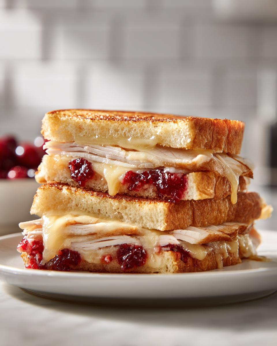 Close-up of stacked turkey cranberry grilled cheese with melted cheese and cranberry sauce