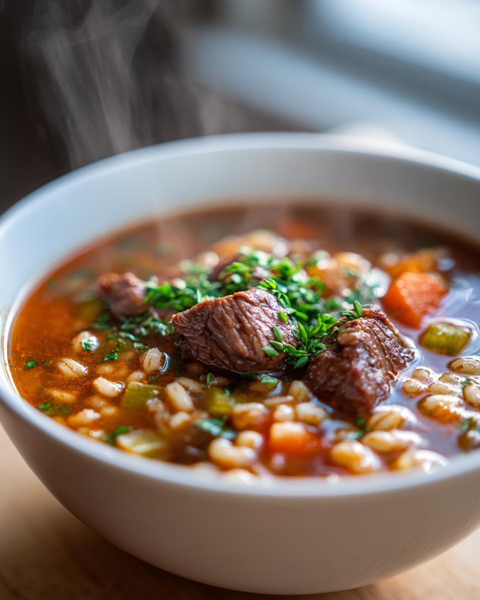 Close-up of a bowl of beef barley soup with chunks of beef, vegetables, and fresh herbs.