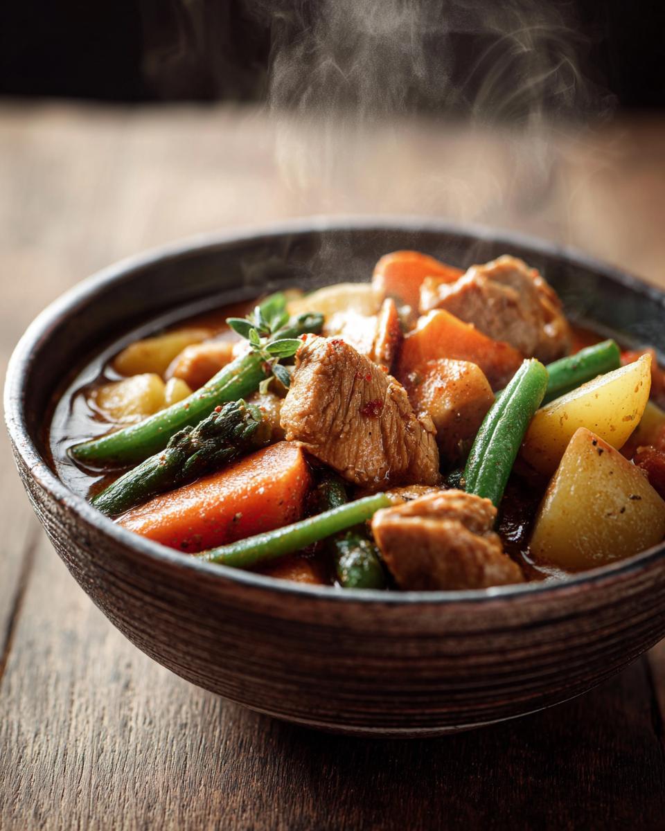 Close-up of steaming chicken vegetable stew with carrots, potatoes, green beans, and asparagus in a bowl.