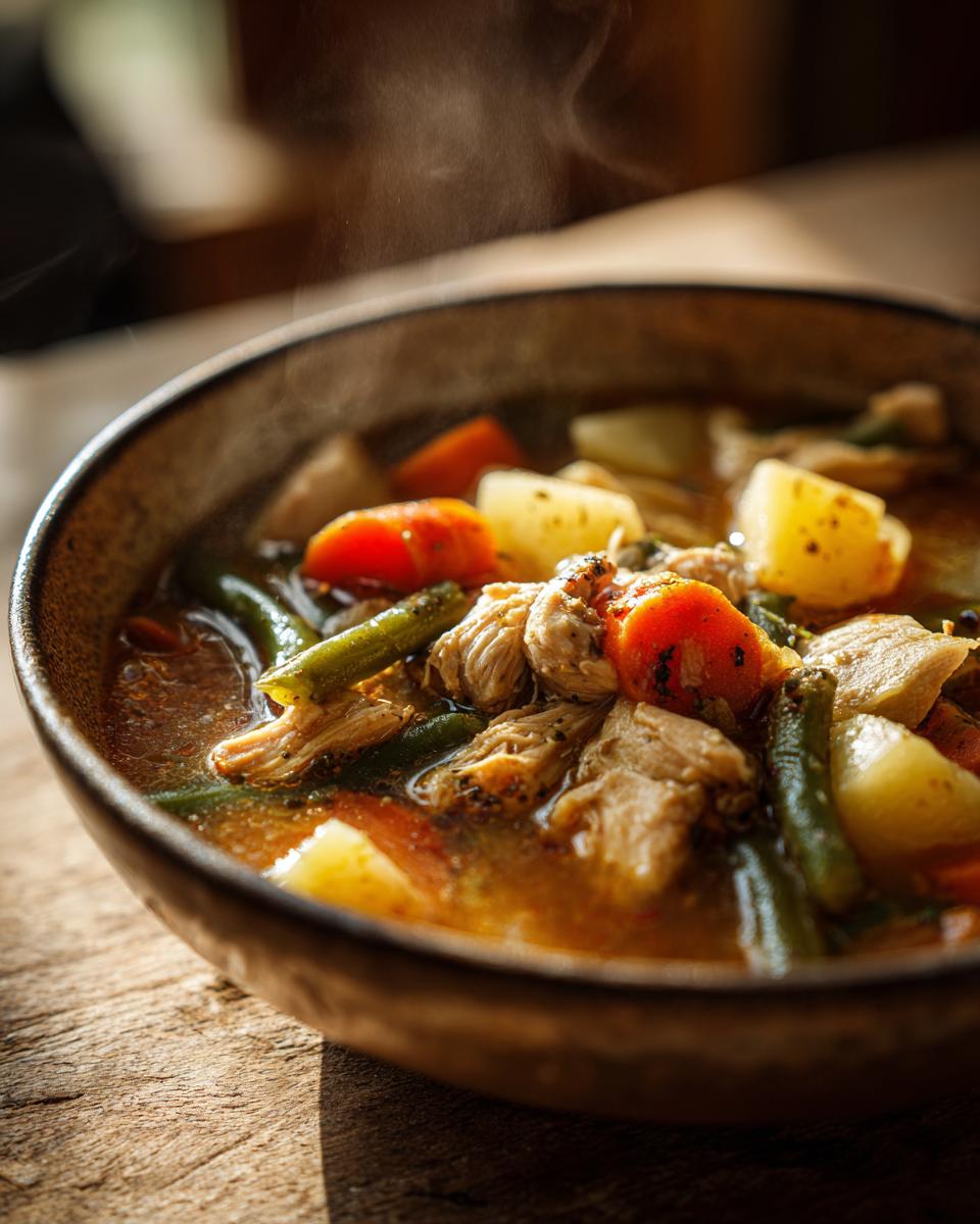 Close-up of steaming chicken vegetable stew with carrots, potatoes, and green beans in a bowl.