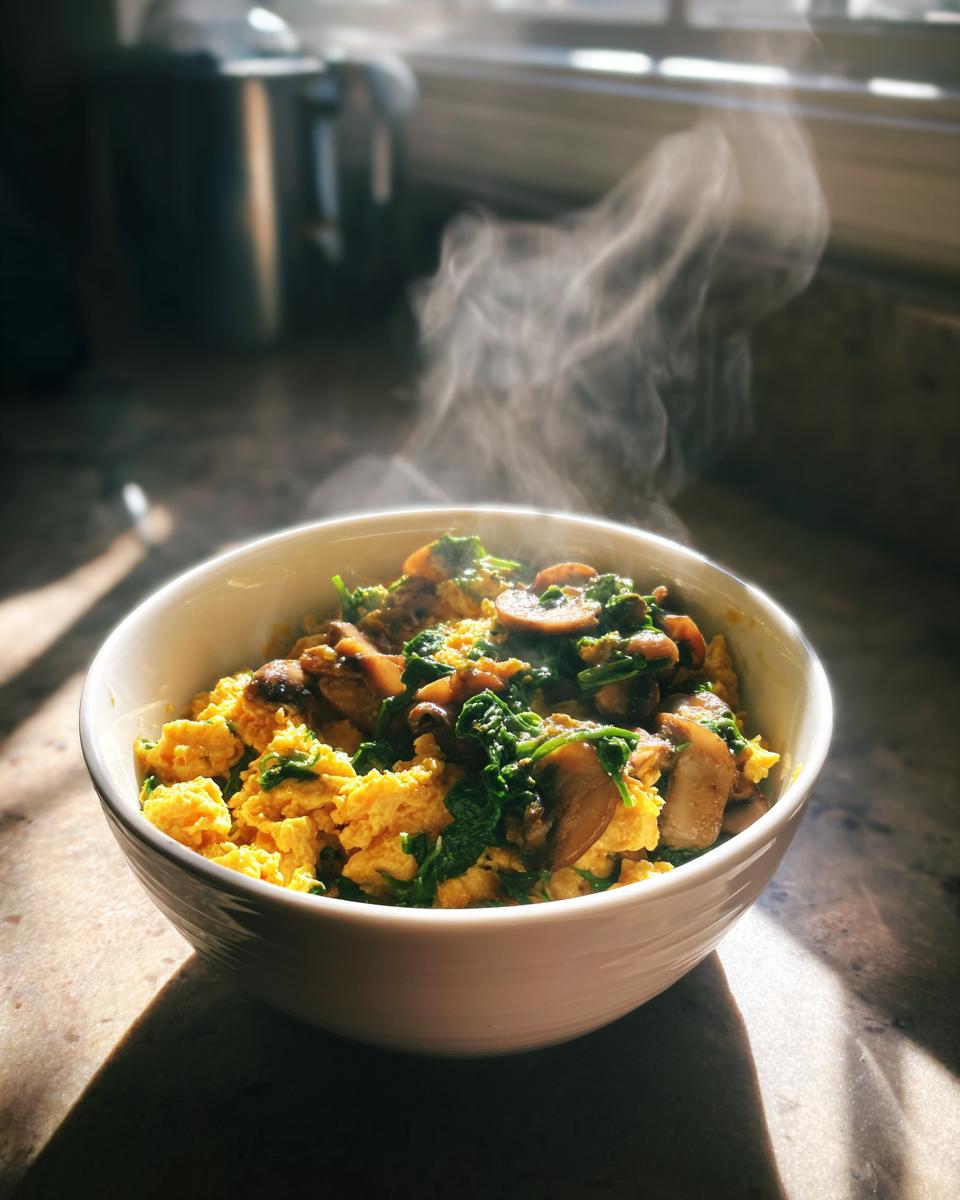 Bowl of steaming spinach mushroom breakfast scramble with eggs, spinach, and mushrooms.