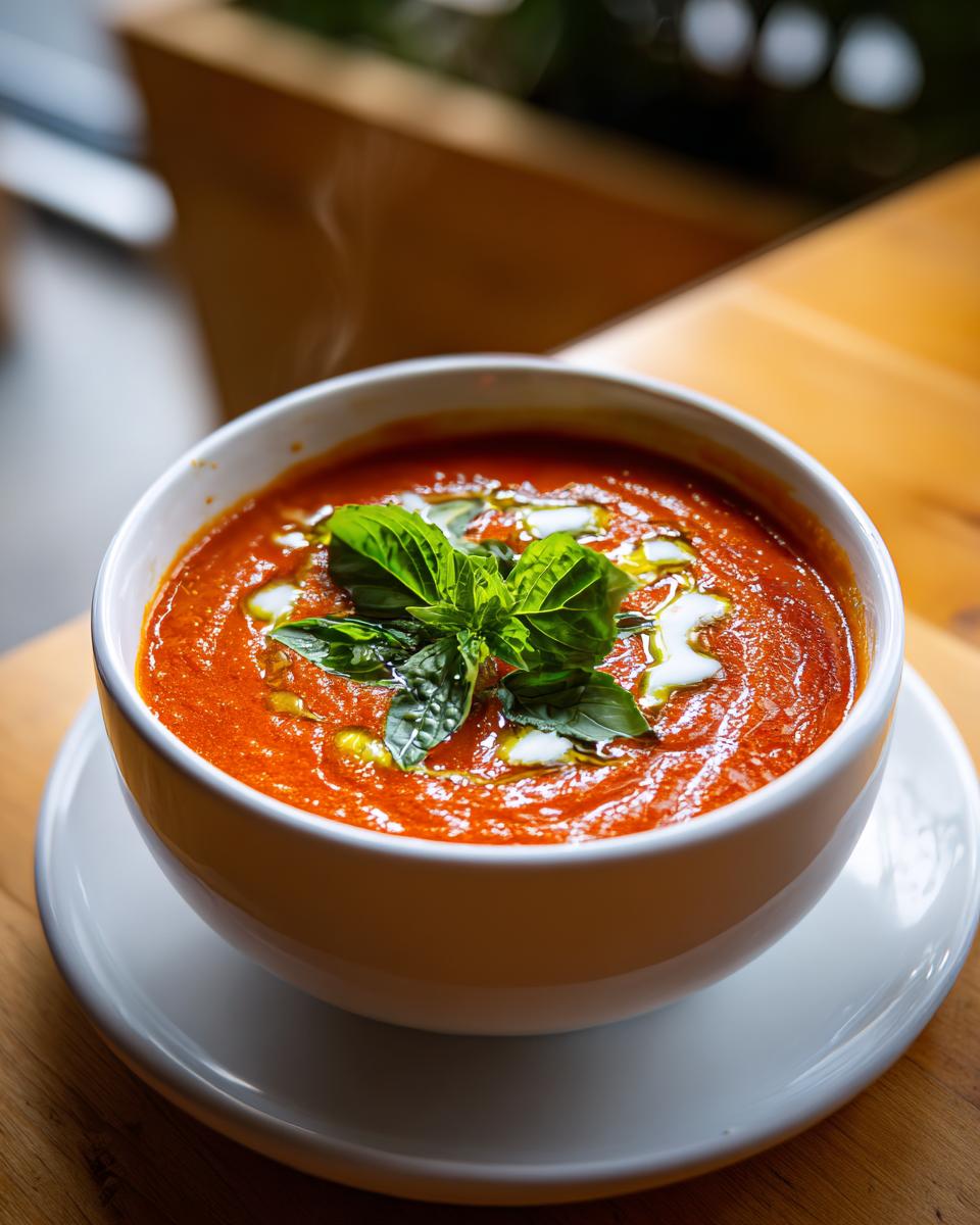 White bowl filled with steaming tomato basil soup garnished with fresh basil leaves and a swirl of cream