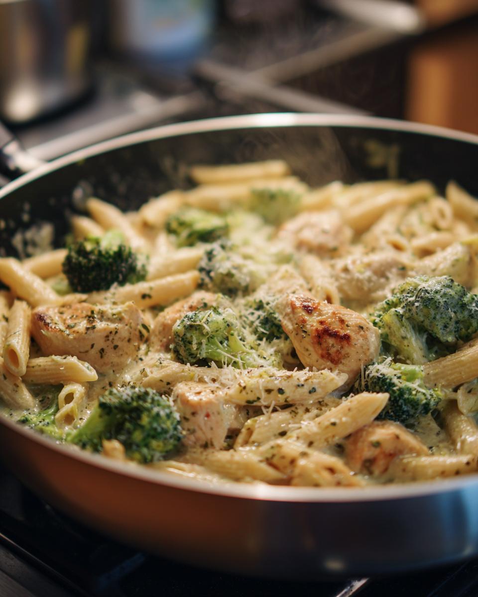 Close-up of stovetop creamy chicken and broccoli pasta cooking in a pan with steam.